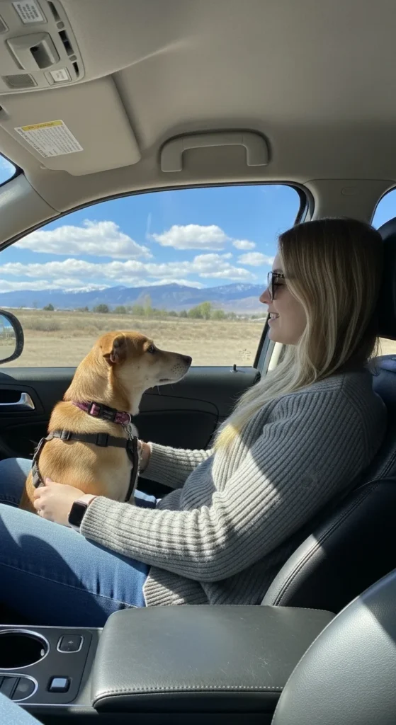 Owner and dog enjoying calm car ride together