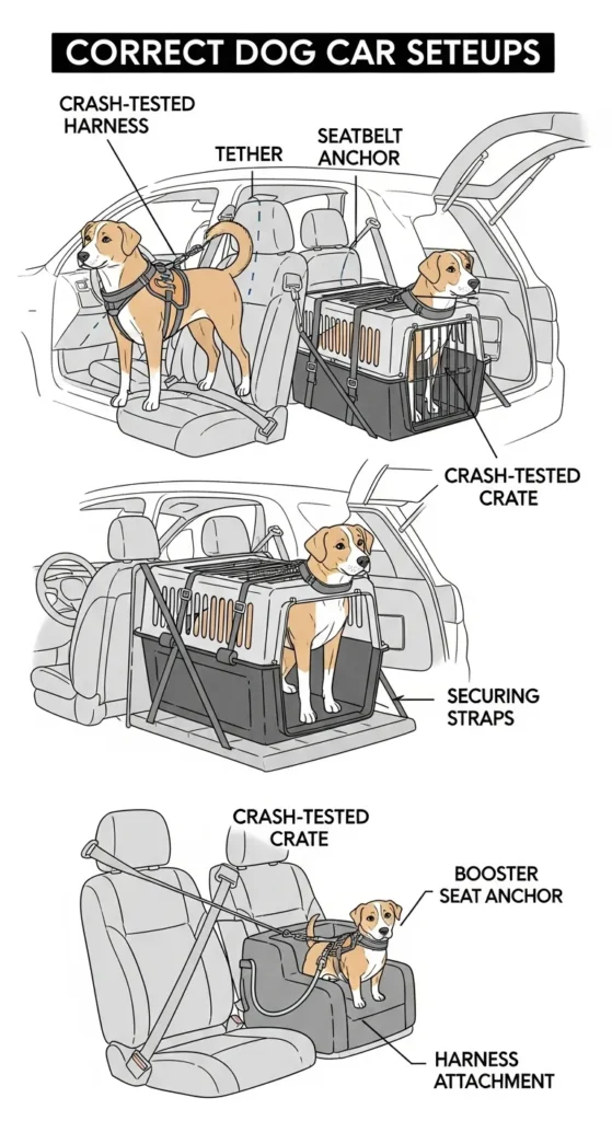 Safe car setup for dogs with crate and harness