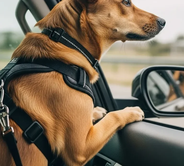 Happy dog safely riding in car seat harness