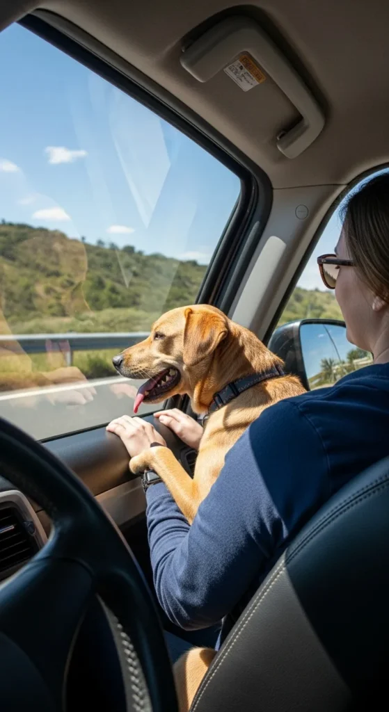 Happy dog safely riding in car seat harness