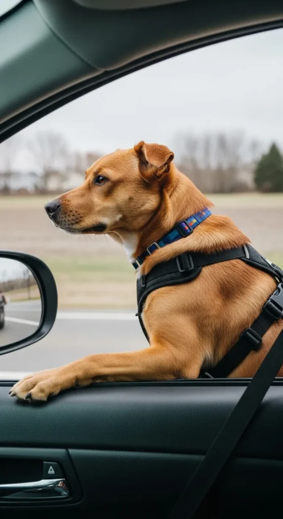 Happy dog safely riding in car seat harness